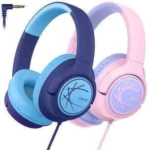 iClever HS26 Kids Headphones Cord, 85dBA Safe Volume Wired Headphones, Stereo Sound Foldable Adjustable, 3.5mm Jack, Over Ear Headphone for School/Boys/Girls/iPad (Blue&Pink)
