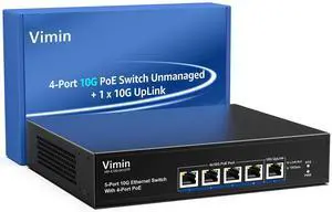 4-Port 10G PoE Switch with 10G Uplink Port, VIMIN 4-Port 10Gbe PoE Network Switch, Auto-Negotiation, for 10G NAS Network, Support IEEE802.3af/at, Plug & Play, 65W, 100Gbps Switching Capacity