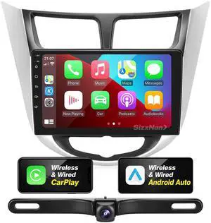 SizxNanv Android Touch Screen Compatible with Carplay Android Auto,Car Radio Stereo Bluetooth Navigation Multimedia Player GPS WiFi AM/FM Backup Camera Head Unit for Verna Accent Solaris 2010-2016