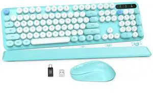 Wireless Keyboard and Mouse Combo, Full-Size Retro Typewriter Keyboard with Detachable Wrist Rest, Round Keycaps, Sleep Mode & Tilt Legs, 2.4GHz Cordless Connection for Windows/PC (Robin Egg Blue)