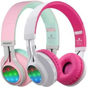 Riwbox 2 Packs WT-7S Kids Headphones Wireless, Foldable Stereo Bluetooth Headset with Mic Compatible with PC/Laptop/Tablet/iPad Pink&White