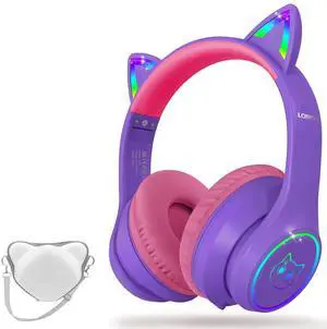 LOBKIN Bluetooth 5.4 Kids Headphones with Case - RGB LED Light Up Cat Ears Foldable Adjustable Over Ear Headphone Support Wireless or 3.5mm Wired Mode for Toddler & Girls & Boys Teens