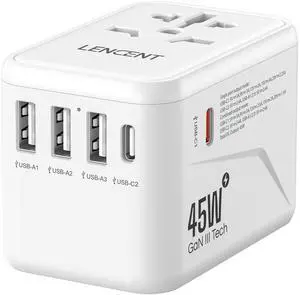 LENCENT Universal Travel Adapter, GaN III 45W International Charger with 3 USB Ports & 2 USB-C PD Fast Charging Adaptor, Worldwide Wall Charger for iPhone,Laptops, USA/UK/EU/AUS (White-45W)