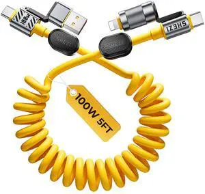 Coiled Cable & Clip 4-in-1 USB C to Lightning Cable 100W Fast Charging & Data Transfer, Support to Apple CarPlay & Android Auto, 5FT Travel Multi Cord Charger Combo for iPhone/iPad/MacBook