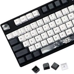 JSJT Ink Lotus Keycaps 140 Keys OEM Profile Keycap PBT Dye Sublimation Key Caps for ANSI/ISO Layout Cherry MX Switch Mechanical Gaming Keyboards GK61/68/87/96/104/108 (with 6.25u spacebar)