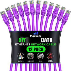 Maximm Cat 6 Ethernet Cable - 8 ft (12-Pack) - High-Speed LAN, Internet, Patch, and Network Cable - UTP, 10Gbps, 550MHz Ethernet Cord - Purple