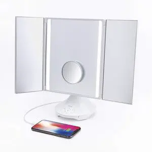 iHome Vanity Mirror with Lights and Bluetooth Speaker, Trifold Mirror with USB Charging (iCVBT4)