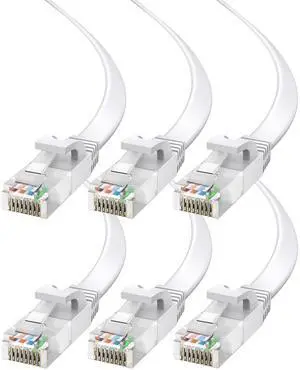 Cat6 Ethernet Cable 20ft, 6-Pack White - Flat High-Speed Network Cables for Gaming, Streaming, Router, Modem, PC, PS5, Xbox - Durable & Space-Saving Design