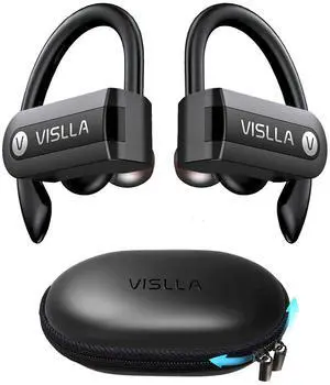 Vislla Wireless Earbuds, Bluetooth Earbuds with Earhooks, 82H Long Battery Life,HiFi Running Headphones with Mic,PU Leather Charging Case,Waterproof Sport Ear Buds for Gym Working Out