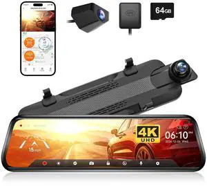 WOLFBOX G930 10'' Rear View Mirror Camera with 5.8GHz WiFi, 4K Dash Cam Front and Rear with WDR, Touch Screen Rearview Mirror Backup Camera, Parking Monitor, Reverse Assist, Includes 64GB Card & GPS