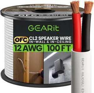 GearIT 12/2 Speaker Wire (100 Feet) 12AWG Gauge - in Wall Audio Speaker Wire Cable / CL2 Rated / 2 Conductors - OFC Oxygen-Free Copper, White 100ft