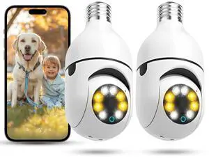 Xuzimaoyi Light Bulb Security Camera, 2 Pack 2K/3MP Outdoor Camera Wireless 2.4G Hz WiFi E27 Camera for Home Security, 24/7 Recording, Motion Detection and Alarm