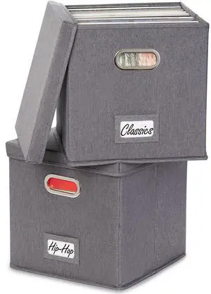 ZICOTO Decorative Vinyl Record Storage Box for 50+ Single Records - Sturdy and Easy to Carry LP Holder with Lid - The Perfect Storage Crate for Your Valuable Album Collection