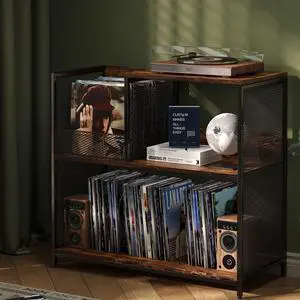 Huxitocan 3 Tier Record Player Stand Holds Up to 300 Albums with 4 Adjustable Divider for Turntable Stand, Large Vintage Record Player Table with Vinyl Record Holder Cabinet-Patent Pending