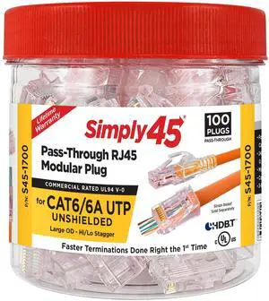 Simply45 Unshielded Pass-Through RJ45 Modular Plugs for 23AWG Solid (Cat6/6a UTP Solid) - Red Tinted, 3 Prong Pin Design, Hi/Lo Stagger - 100 Piece/Jar - S45-1700