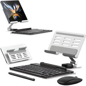 for Samsung Galaxy Z Fold 7 6 5 4 Stand and Keyboard Mouse, Portable Mini Bluetooth Keyboard, Foldable Adjustable Aluminum Alloy Stand Holder for Desk, with Wireless Mouse and Pen
