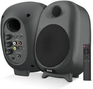 PyleUsa HiFi 60W Powered Bluetooth Bookshelf Monitor Speaker Set, Optical RCA Input, Bass/Treble Adjustable,Deep Bass, 3 Audio Mode,Studio Computer Desk Stereo System,Remote Control,Black - PBKSR40