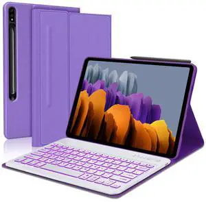 YEHOBU Galaxy Tab S7 FE Keyboard Case 12.4'' - 7 Color Backlight Detachable Wireless Keyboard, Slim Multi-Angle Cover with S Pen Holder for Samsung Tab S7 FE 2021/S7 Plus 2020/S8 Plus 2022, Purple