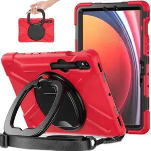 PboyiqiS Heavy Duty Case for Galaxy Tab S10 Ultra 2024/S9 Ultra 2023/S8 Ultra 2022, Hybrid Rugged Case with S Pen Holder, Shockproof Kids Case with 360 Rotating Stand/Shoulder Strap (Red)