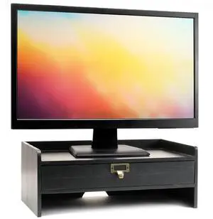 EXCELLO GLOBAL PRODUCTS Wooden Monitor Stand: Includes Drawer for Desktop Organization of Notebooks, Pens, Pencils & Office Supplies (Black)