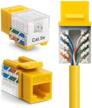 SATMAXIMUM Cat5e Keystone Ethernet Wall Jack Punch Down UTP 45-Degree (Easier Termination Than 90-Degree), RJ45 Slim Profile Speed Termination Yellow 45° Angled (30 Pack)