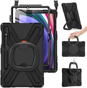 BRAECN Case for Samsung Galaxy Tab S10+/S9 FE+/S9+ Plus 12.4 Inch, Heavy Duty Silicone Case with Screen Protector, S Pen Holder, Stable Kickstand,Shoulder Strap for Galaxy Tab S8+/S7 FE/S7+, Black