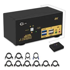 CKLau 2 Port USB 3.0 Triple Monitor KVM Switch HDMI 2.1 8K@60Hz 4K@144Hz with Audio and All Input Cable for 2 Computers 3 Monitors Supports Hotkey Switching