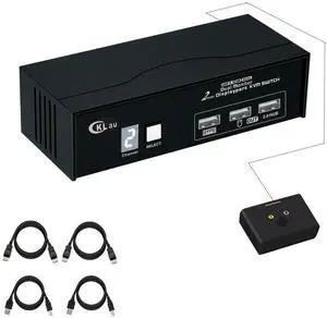 CKLau 2 Port Displayport KVM Switch Dual Monitor 4K60Hz 2K144Hz with Cables, USB 2.0 Hub, Digital Display for 2 Computers Sharing Keyboard Mouse Video