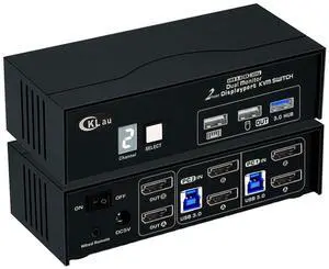CKLau USB 3.0 Dual Monitor KVM Displayport 1.4 8K30Hz 4K144Hz, 2 Monitors 2 Computers Peripheral Sharing Switcher Box with Cables, Wired Remote, Digital Display