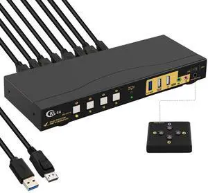 CKLau 4K60Hz 2K@144Hz MST KVM Switch Displayport with All Input Cables, Audio, Microphone, and USB 3.0 Hub for 4 Computers 2 Monitors Share Keyboard Mouse, MST 1 DP in 2 DP Out