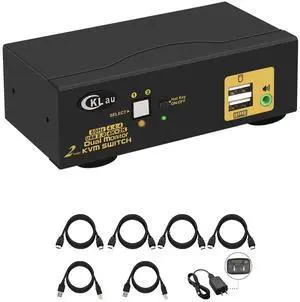 CKLau 2 Port Dual Monitor KVM Switch HDMI 4K60Hz with Audio and Cables for 2 Computers Sharing Video Keyboard Mouse