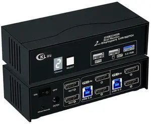 CKLau 2 Port Displayport 1.4 KVM Switch 2 Monitors with Cables and USB 3.0 Hub Supports 4096x2160@60Hz, 2560x1440@144Hz for 2 Computers 2 Monitors Sharing Keyboard Mouse Peripheral Device