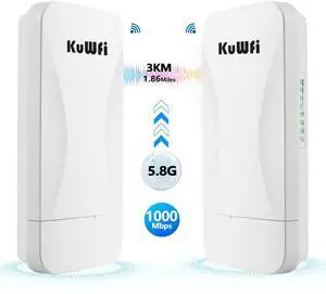 KuWFi Point to Point Gigabit Wireless Bridge 5.8G 900Mbps 1Gbs LAN Ports Long Range CPE Bridge Network Extend Outdoor 3KM/1.86Miles to of Shop, Barn,Farm and CCTV Connection
