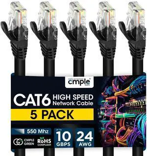 Cmple - 5 Pack Cat6 Ethernet Cable 15 ft, High Speed Cat6 Internet Network Cord, Ethernet Patch Cables, Computer LAN Wire with Snagless RJ45 Connectors - Black