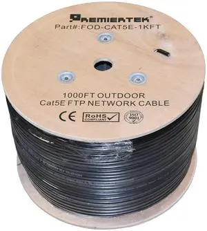 Premiertek 1000FT CAT5E Outdoor FTP Bulk 24AWG Double Jacket Cable Black