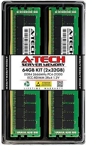 A-Tech 64GB Kit (2x32GB) DDR4 2666MHz PC4-21300 ECC RDIMM 2Rx4 Dual Rank 1.2V ECC Registered DIMM 288-Pin Server & Workstation RAM Memory Upgrade Modules (A-Tech Enterprise Series)