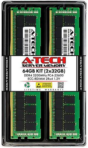 A-Tech 64GB Kit (2x32GB) DDR4 3200MHz PC4-25600 ECC RDIMM 2Rx4 Dual Rank 1.2V ECC Registered DIMM 288-Pin Server & Workstation RAM Memory Upgrade Modules (A-Tech Enterprise Series)