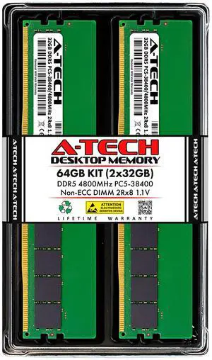 A-Tech 64GB Kit (2x32GB) DDR5 4800MHz PC5-38400 CL40 UDIMM 2Rx8 Dual Rank 1.1V Non-ECC Unbuffered DIMM 288-Pin Desktop PC/Computer RAM Memory Upgrade Modules