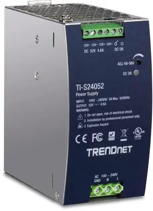 TRENDnet 240W, 52V DC, 4.61A AC to DC DIN-Rail Power Supply, TI-S24052, Industrial Power Supply with Built-in Power Factor Controller Function, Silver