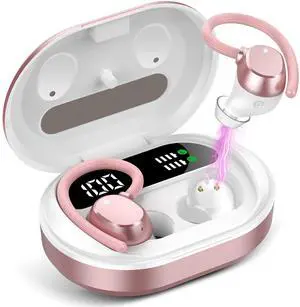 Ear buds Wireless Earbuds, HiFi Stereo Bluetooth 5.3 Running Headphones with Dual LED Display 30Hrs Playtime, Built-in Mic, Type-C, in-Ear Bluetooth Earphones with Earhooks for Sport, Rose Gold