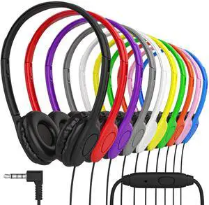 Maeline Bulk Classroom Student Headphones with Microphone, On Ear Stereo Headphones with Mic & Faux Leather Cushions for Kids Online Learning, Library, School, Airplane, Travel - 3.5mm Plug - 20 Pack