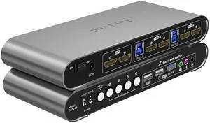 Terived 2 Computers 2 HDMI Monitors Matrix Automatic KVM Switch 4K@60Hz, Hotkey Switching, EDID, Digital Display and Aluminum Shell, USB 3.0 Hub Audio Microphone with Cables
