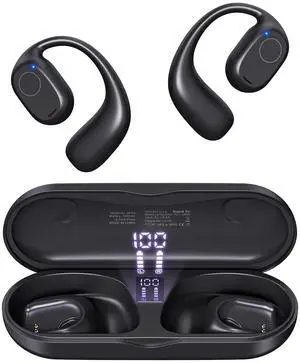 PSIER Open Ear Headphones, Bluetooth 5.3 Wireless Sports Headphones with Digital Display Charging Case 40 Hours Playtime True Earbuds with Earhooks for Running, Walking, Workout