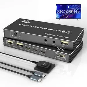 USB C KVM Switch 8K@60Hz 4K@120Hz, 2 Port Type C KVM Switch for 2 Computers Share 1 DisplayPort Monitor, USB C KVM with 3 USB 2.0 Ports & Microphone Audio, 2 USB-C Cables Included