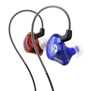 BASN in-Ear Monitor Headphones Dual Dynamic Drivers IEM Earphones Detachable MMCX Cable Musicians Earbuds (MC100 Red/Blue, with Mic)