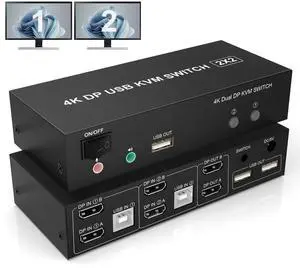 DisplayPort KVM Switch Dual Monitor 4K@60Hz Extended Display, 2 Computers 2 Monitors Displayport Switch with Audio Microphone Output and 3 USB Ports, PC Monitor Keyboard Mouse Switcher
