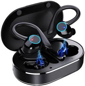 Ear hook Wireless Workout Earbuds, Bluetooth 5.1 Headphones, 28Hrs Playtime, HiFi Stereo, Sweatproof, Noise Cancelling, Lightweight, 500mAh battery, Ideal for Cycling, Sport, Running, Driving.,Black
