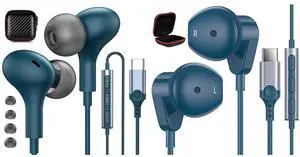 2-Pack USB-C Headphones with Microphone Volume Control HiFi Stereo Blue for iPhone 15 Pro Max Plus Samsung Galaxy S23 S22 S21 A54 A53