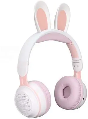 Foldable Bluetooth 5.0 Headphones with Microphone Cute Rabbit Ear Over Ear Headphones for Green Kids Teens Adults, 12 Hours of Listening Time, TF/Aux, Built in 7