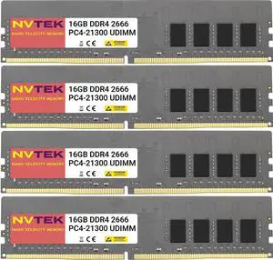 NVTEK 64GB (4X16GB) DDR4 2666MHZ PC4-21300 UDIMM 2Rx8 1.2V CL19 288-PIN Non-ECC Unbuffered Desktop PC Computer Memory KIT